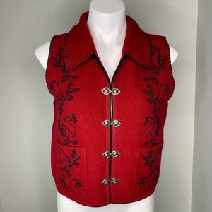 Woolrich Wool Deep Red Black Floral Vine Embroidery Vest